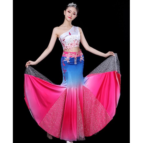 Chinese folk dance dresses for women girls oriental peacock belly dance pin colored stage performance competition costumes